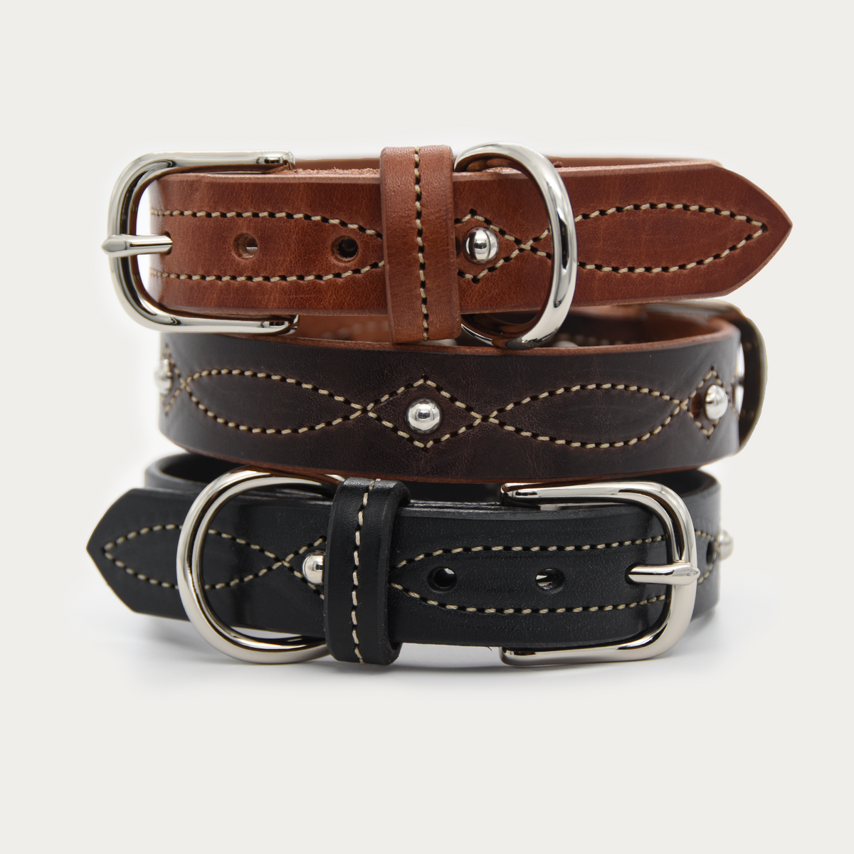 Dog Collar - Studded Cowgirl Stitch - Silver