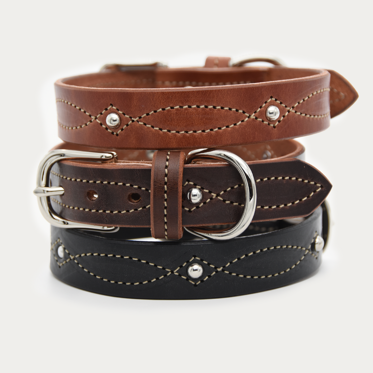 Dog Collar - Studded Cowgirl Stitch - Silver