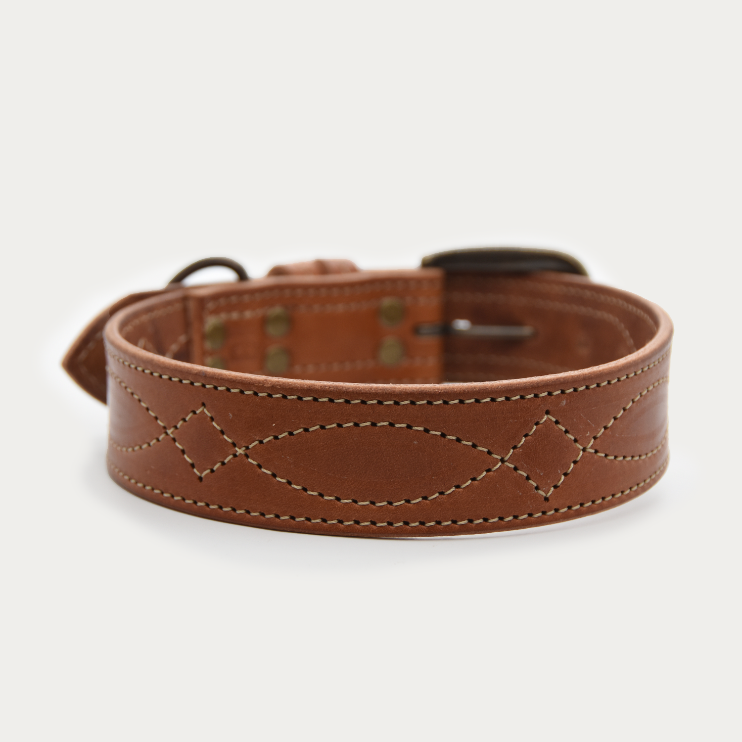 Dog Collar - Rugged Cowboy Stitch, Extra Wide 1.5" - Antique Brass